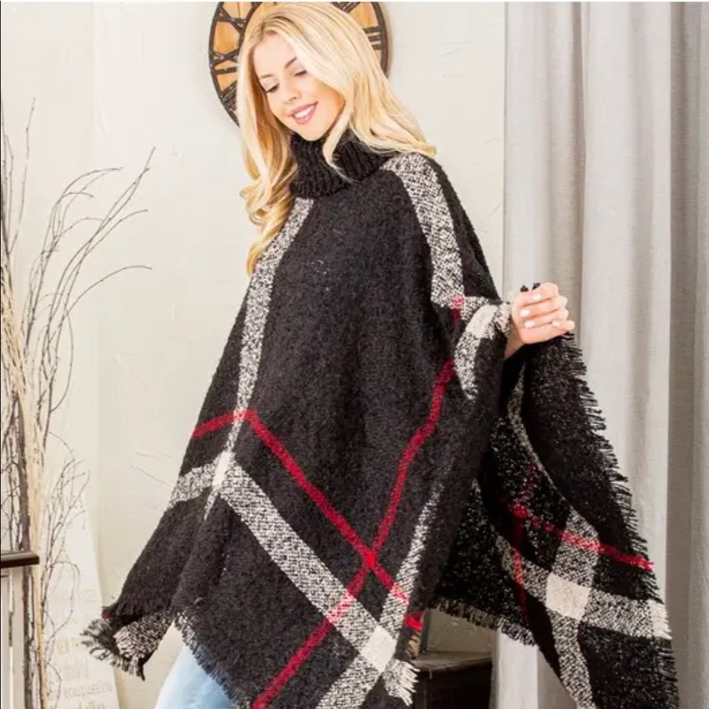 NWT Plaid Poncho Knit Turtle Neck Sweater Top - Black